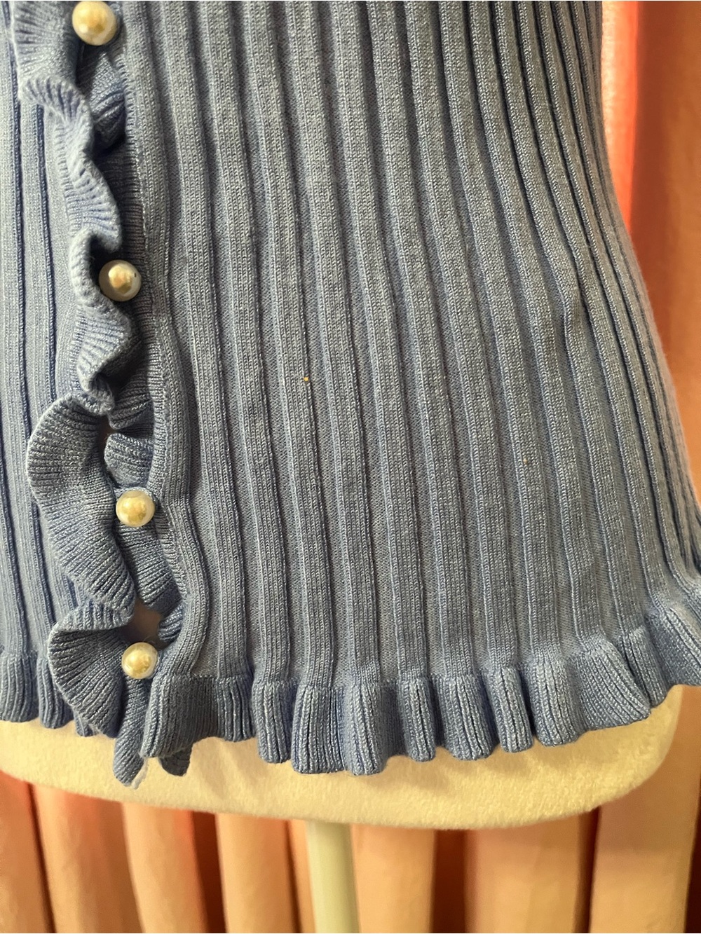 vestique Light Blue Ribbed Ruffle-Trim Button Front Top - Picture 5 of 10